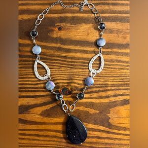Lia Sophia Black Gray Silver Necklace large bluish black stone teardrop shape